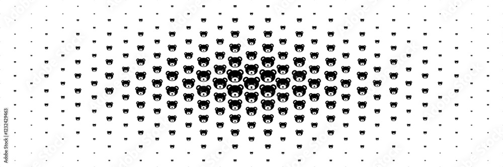 horizontal halftone of cute black bear face spread from center for pattern and background. horizontal halftone of cute black bear face spread from center for pattern and background.