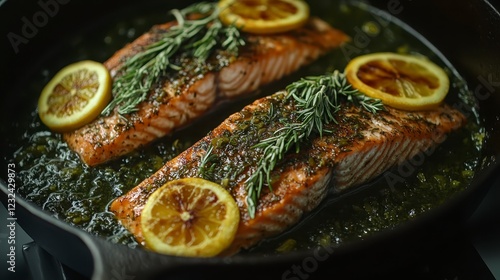 Wallpaper Mural Two pan seared salmon fillets seasoned with herbs and lemon slices in a skillet. Close up view highlighting the texture and color of the cooked fish Torontodigital.ca
