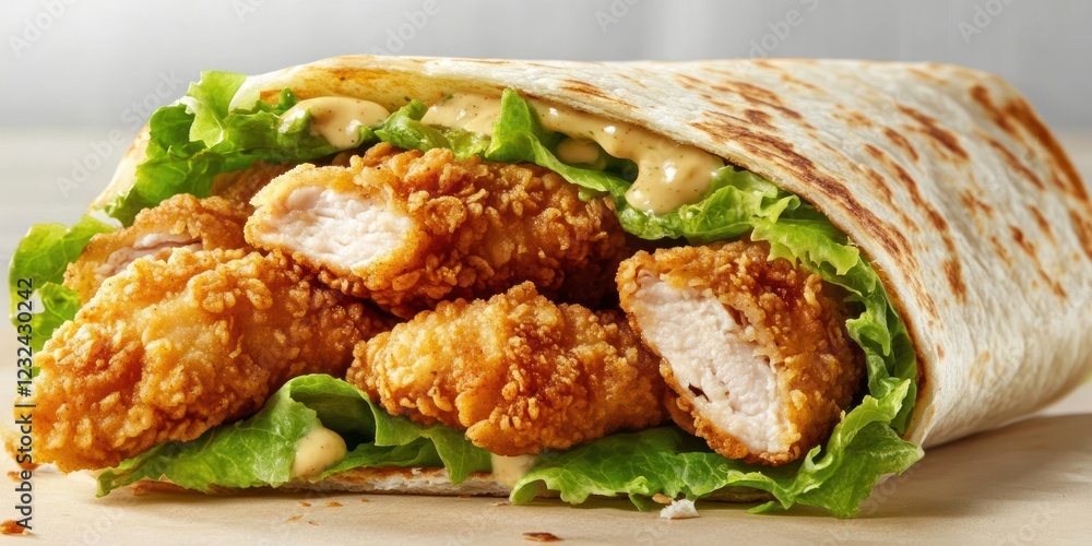 Crispy chicken wrap with lettuce and sauce. Delicious fast food meal Crispy chicken wrap with lettuce and sauce. Delicious fast food meal