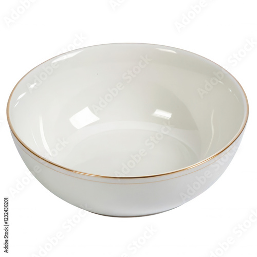 Simple white porcelain soup bowl with smooth surface, isolated on transparent background, vector-style image for kitchen and dining photo