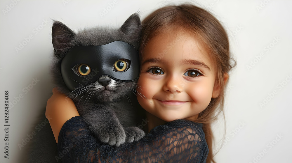Smiling Girl Holds Masked Cat: A Charming Duo of Friendship Smiling Girl Holds Masked Cat: A Charming Duo of Friendship