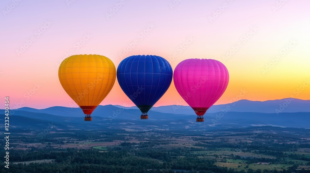 Fototapeta premium Colorful hot air balloons soaring against a beautiful sunset, offering a breathtaking aerial view of the landscape below.