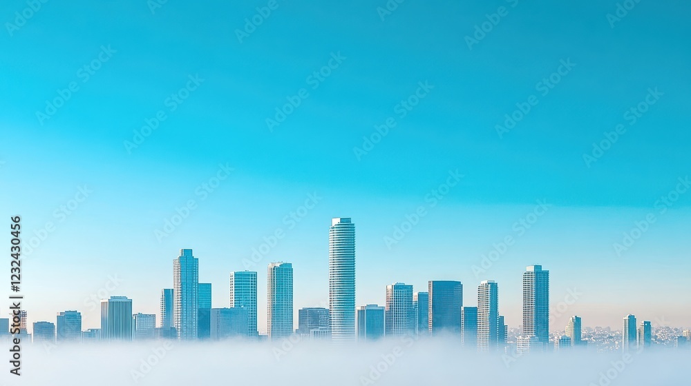 Fototapeta premium Stunning Urban Skyline Under a Clear Blue Sky with Soft Fog Covering the City, Creating a Serene and Dreamy Atmosphere Perfect for Travel and Real Estate Purposes