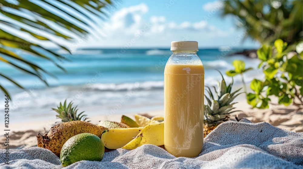 A juice bottle on a beach towel with tropical fruits around it. A juice bottle on a beach towel with tropical fruits around it.