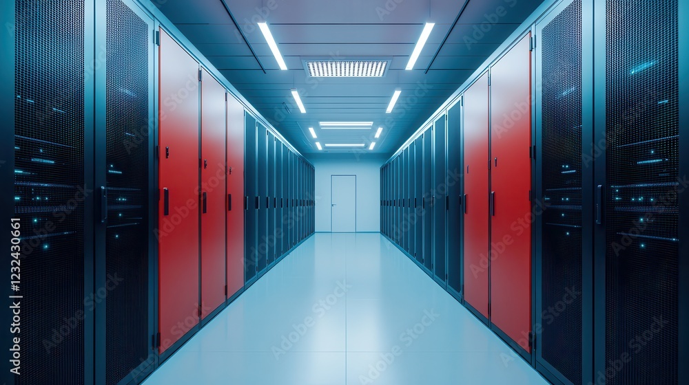 Fototapeta premium Business continuity planning. Data center corridor with modern server racks and vibrant lighting.