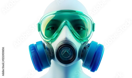 Mannequin wearing respirator and goggles, isolated on white; safety, protection concept photo