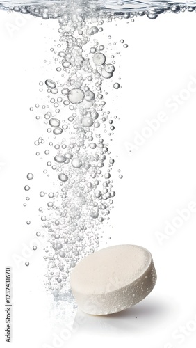 A close-up of a white effervescent tablet dissolving in water, creating a bubbly reaction. A visual representation of pharmaceutical and wellness supplements. photo