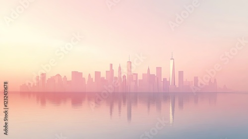 Soft pink city skyline reflected on calm water at dusk.