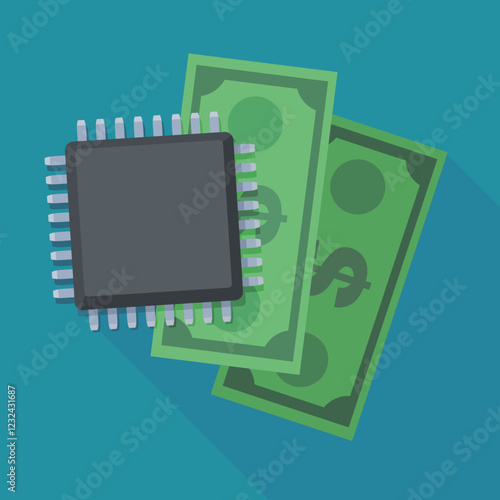 Square electronic chip above two green dollar bills in flat design style with long shadow on blue background