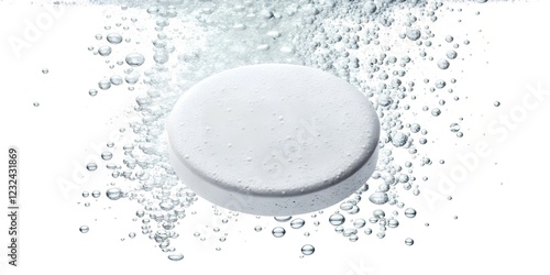 A white effervescent tablet dissolving in water, releasing bubbles. A symbolic image of pharmaceutical supplements, hydration, and medical treatment. photo