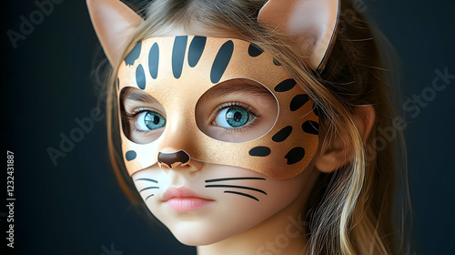 Young Girl Wears a Cat Mask...