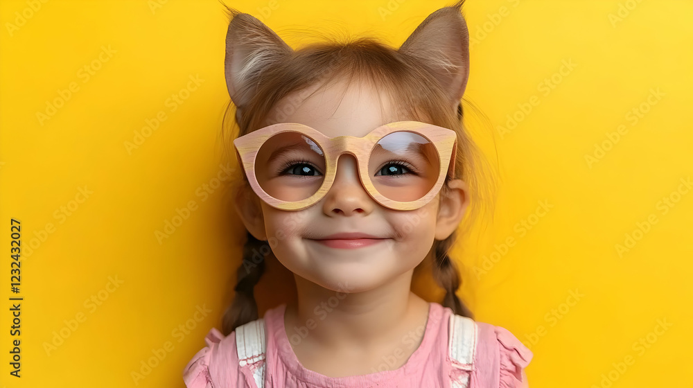 Smiling Child Wears Cat Ears and Oversized Glasses Against a Bright Yellow Backdrop Smiling Child Wears Cat Ears and Oversized Glasses Against a Bright Yellow Backdrop