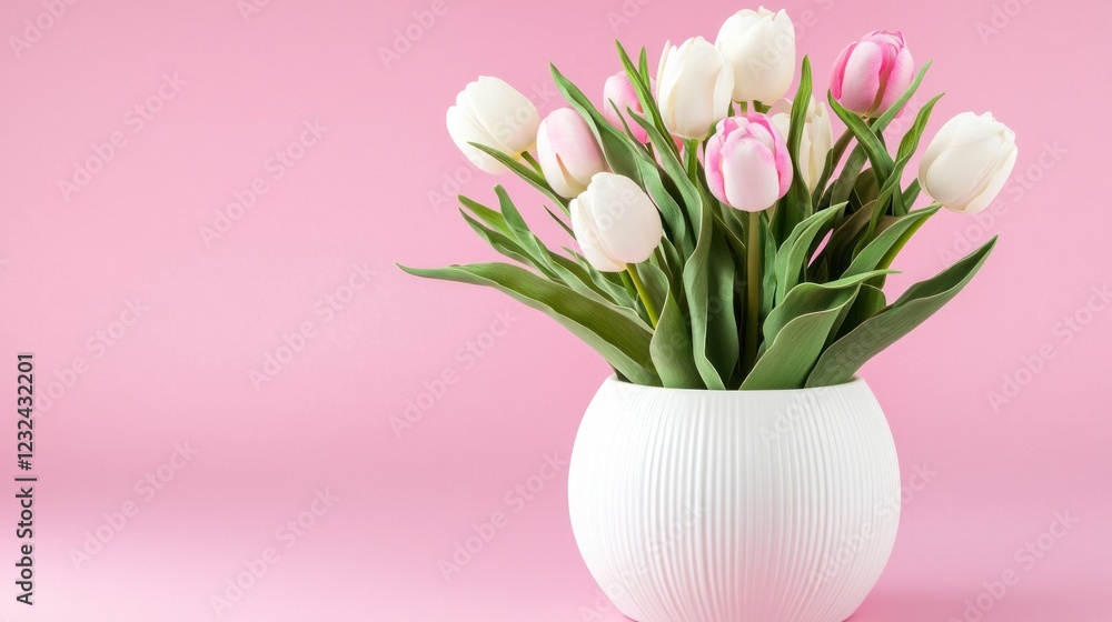 White and Pink Tulips in a White Pot on Pink Background White and Pink Tulips in a White Pot on Pink Background