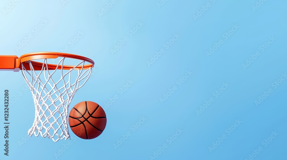 Dynamic shot of a basketball about to enter a hoop against a clear blue sky, capturing the excitement of the game. Dynamic shot of a basketball about to enter a hoop against a clear blue sky, capturing the excitement of the game.