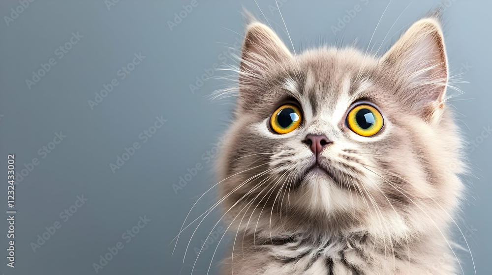 Curious grey kitten looking up, studio shot, grey background, pet adoption Curious grey kitten looking up, studio shot, grey background, pet adoption