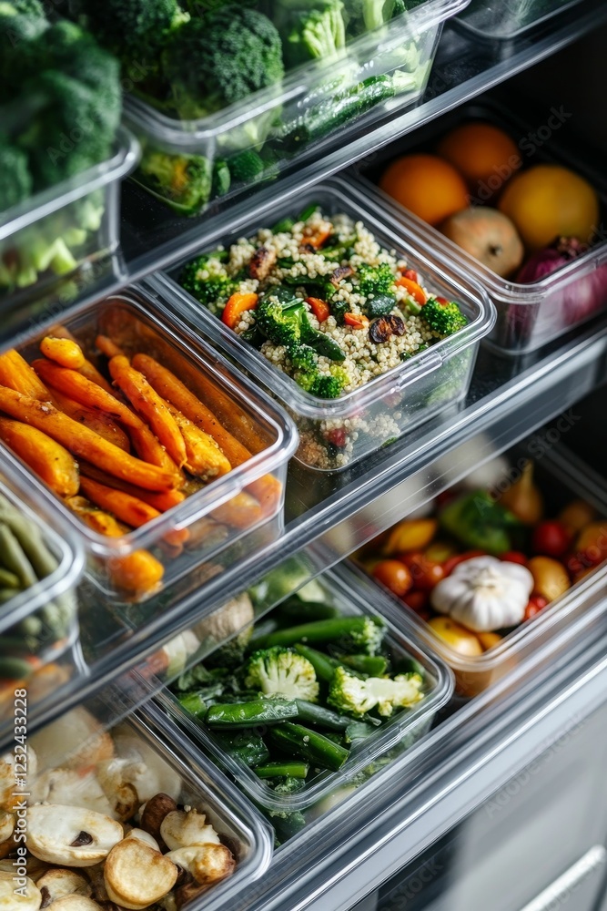 Prepared vegetables and fruits in storage containers. Prepared vegetables and fruits in storage containers.