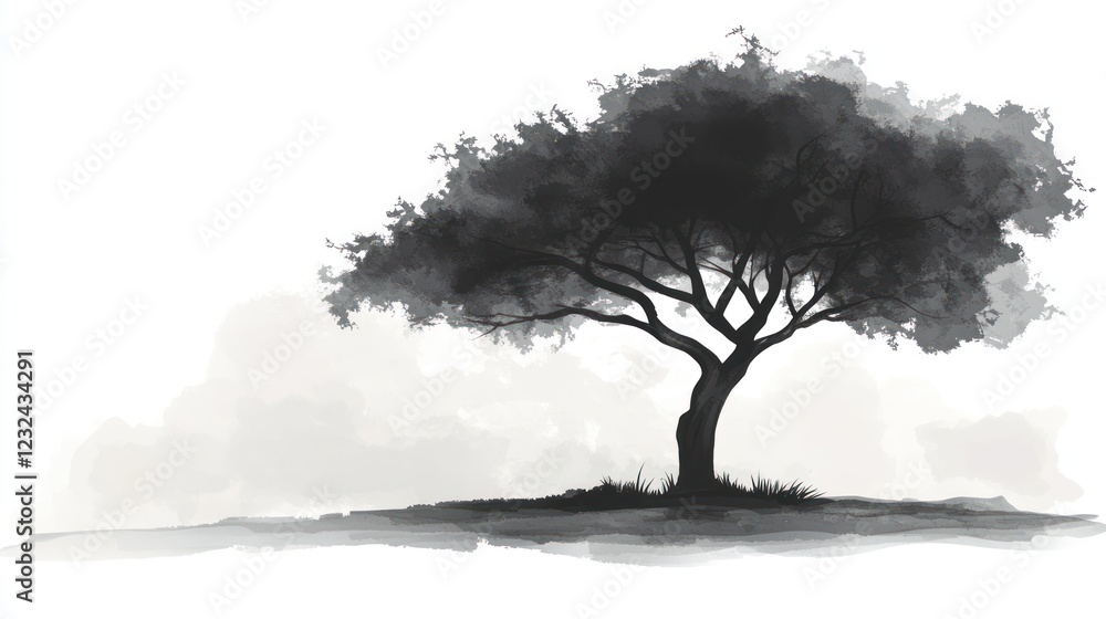 Obraz premium Solitary tree, grayscale, serene landscape, peaceful background, nature illustration