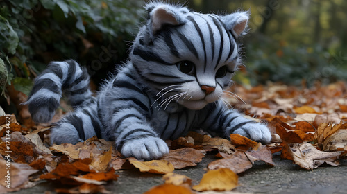 A gray and white kitten pla...