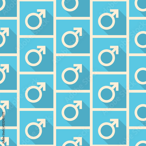 Gender symbols. White male long shadow icons on blue background. Vector seamless pattern.