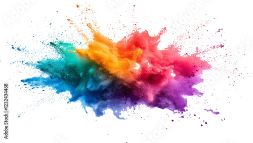 Colorful dust explode. Paint Holi. colorful vibrant rainbow Holi paint color powder explosion with bright colors isolated white background.	