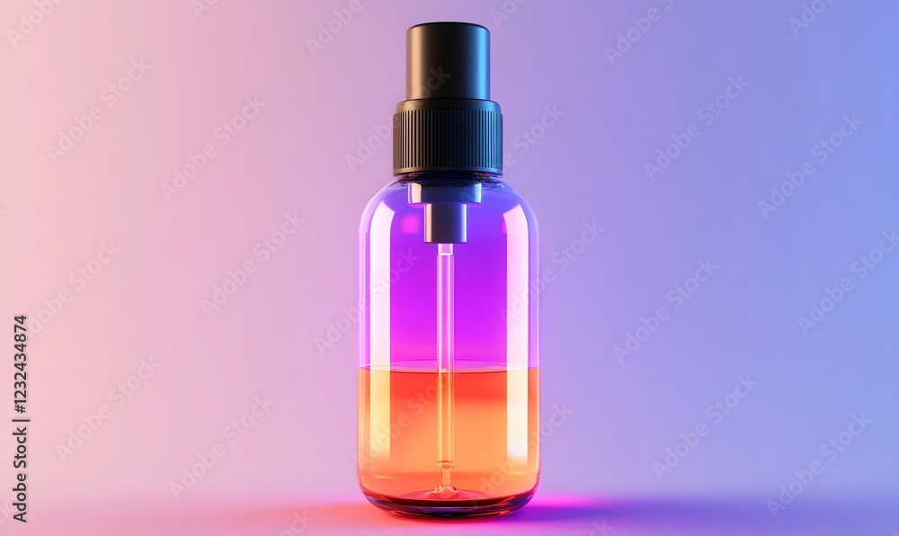 Orange liquid in glass spray bottle, studio shot, colorful background, product packaging Orange liquid in glass spray bottle, studio shot, colorful background, product packaging