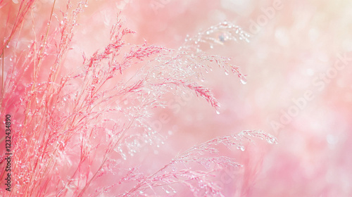 Dew-kissed pink grass in soft bokeh light.
