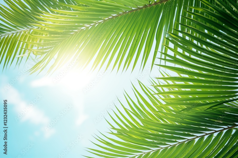 Obraz premium Sun shining through lush green palm leaves, creating a vibrant tropical scene against a clear blue sky