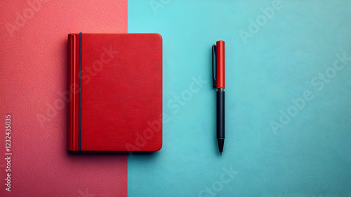 Red notebook and pen lie on...