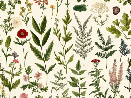 Vintage botanical illustration with various plants.