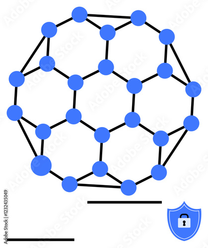 Spherical molecular lattice of connected nodes and lines with shield lock icon. Ideal for cybersecurity, blockchain, data protection, science, technology, networks, abstract line flat metaphor