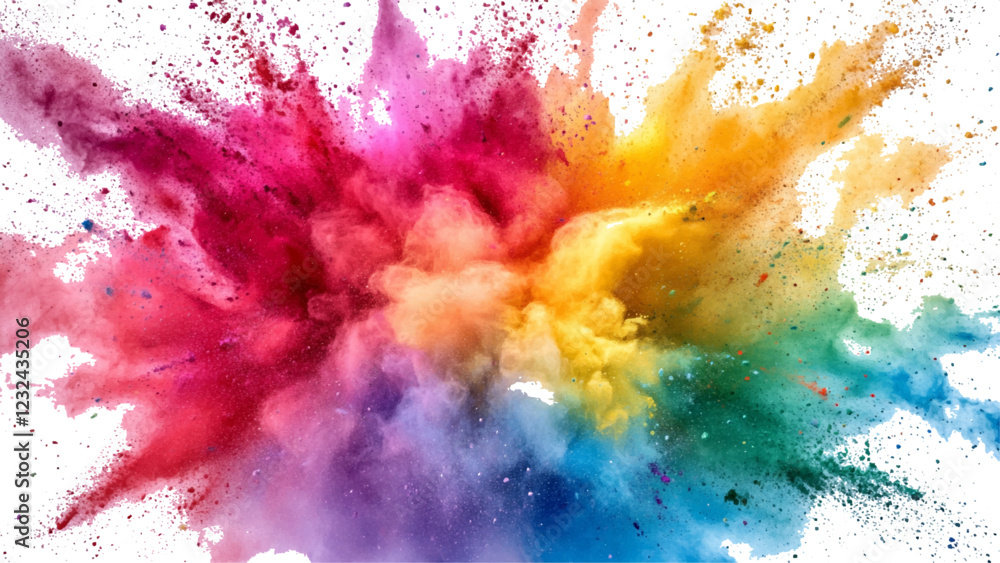 A burst of colorful powder creates a beautiful, vivid display against a bright white background, A photo of colorful bright rainbow holi paint color powder explosion isolated on white background. A burst of colorful powder creates a beautiful, vivid display against a bright white background, A photo of colorful bright rainbow holi paint color powder explosion isolated on white background.