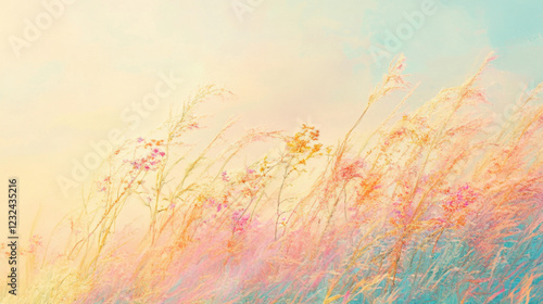 Pastel-colored field of wildflowers at sunrise.