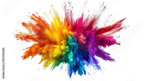 A burst of colorful powder creates a beautiful, vivid display against a bright white background, A photo of colorful bright rainbow holi paint color powder explosion isolated on white background. 