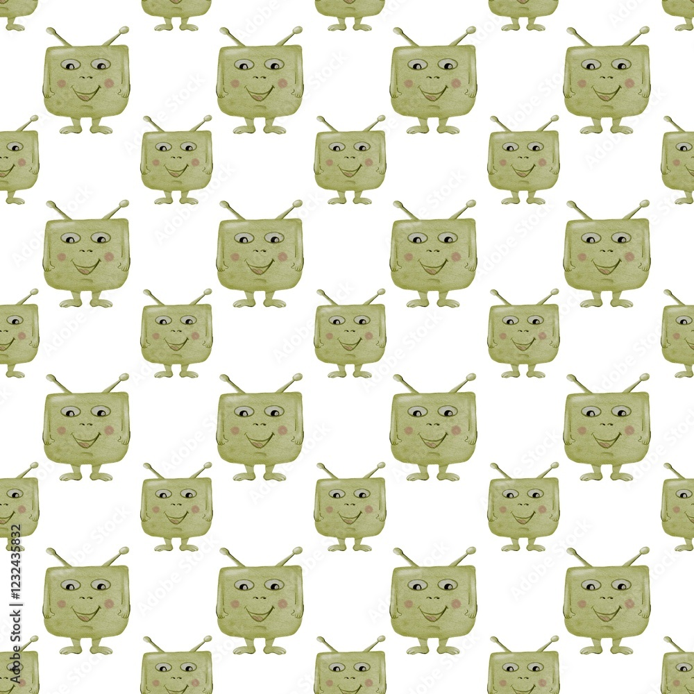 Obraz premium Cute baby aliens in a seamless watercolor pattern for playful textile designs