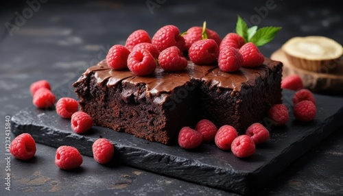 Decadent, moist, and fudgy brownie on a black wooden cutting board with a few fresh raspberries, tart, moist, wood photo