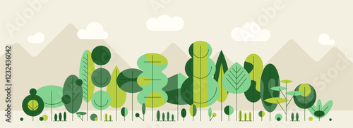 Green trees border in geometric style. Forest foliage plants in row. Mixed wood panorama with stylized trunks and crowns. Flat vector bauhaus abstract illustration of woodland