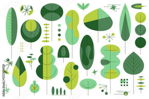 Set of bauhaus geometric trees and leaves, flat design element, natural botanical collection of abstract plants, decorative art, banner, wallpaper