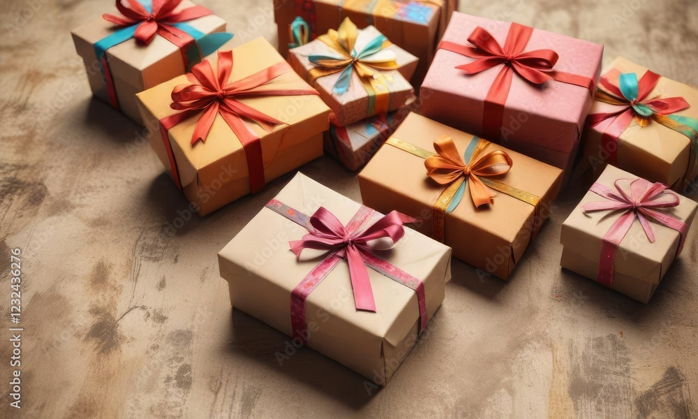 Decorated gift boxes on a rustic paper background, decorative gift wrap, gift packaging Decorated gift boxes on a rustic paper background, decorative gift wrap, gift packaging