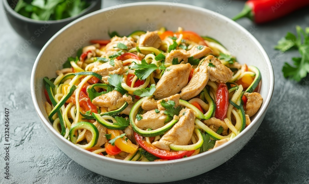 Zucchini noodles with cooked chicken and sliced peppers. Zucchini noodles with cooked chicken and sliced peppers.