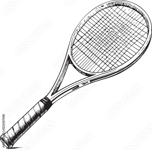 Racket for Tennis Squash Badminton Sport Sketch Drawing Engraving Line Art Black and White Linear Vector Illustration, Isolated