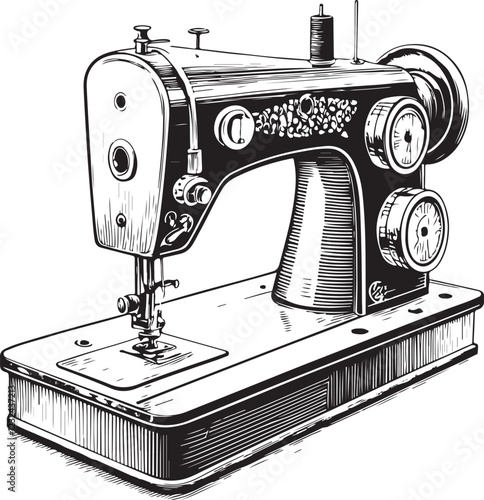 Sewing Machine Sketch Drawing Engraving Line Art Black and White Linear Vector Illustration, Isolated