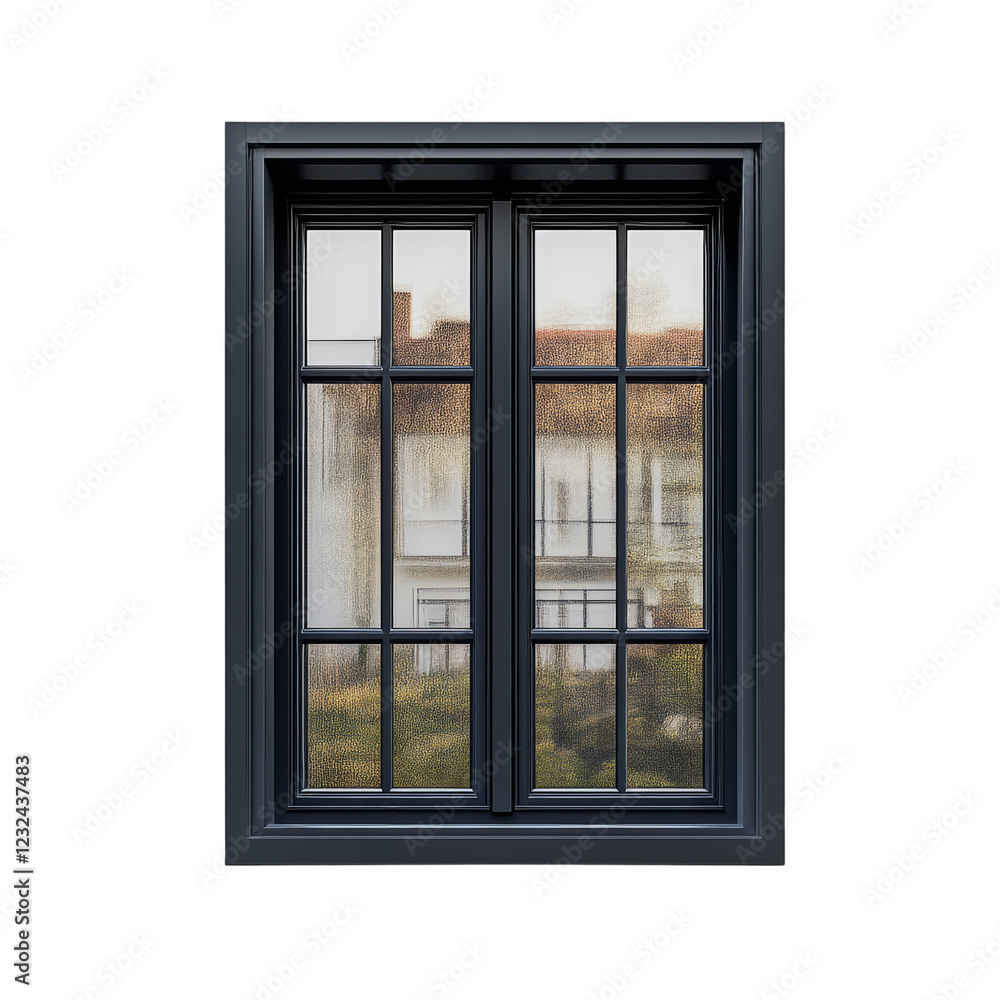Obraz premium A dark-framed window with multiple panes showcasing a blurred view of a building exterior.