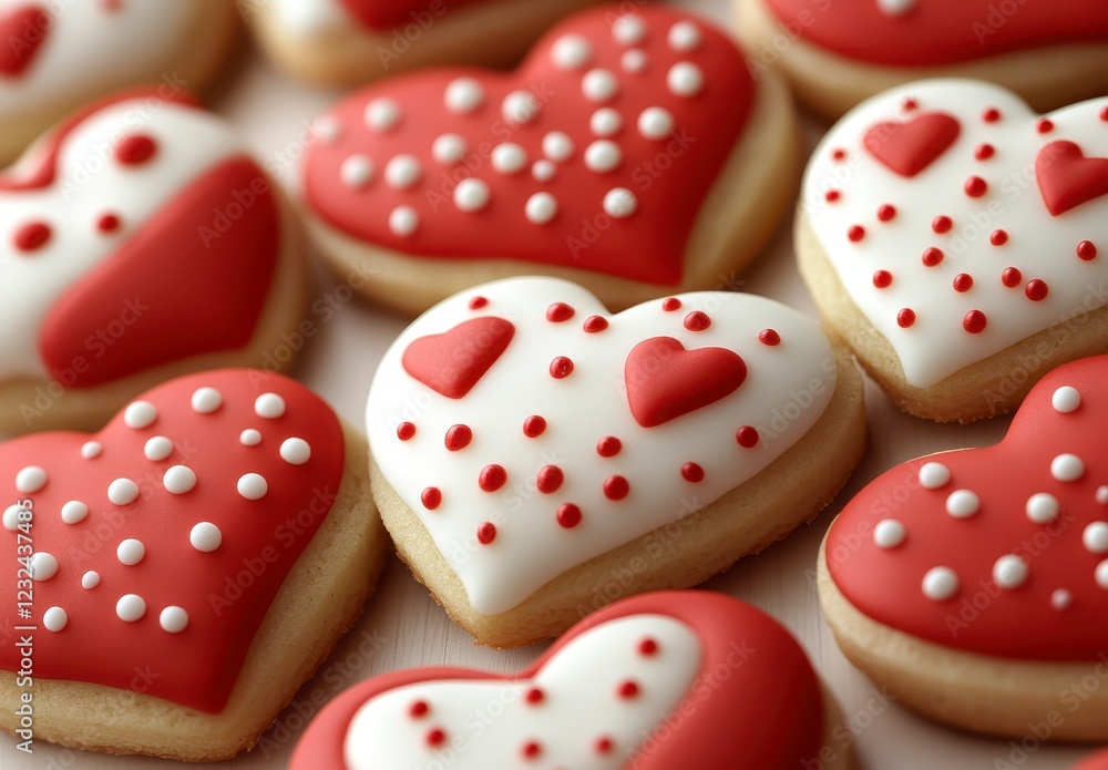 Close up of heart shaped cookies decorated with red and white icing, featuring small hearts and polka dots. Sweet treats perfect for Valentine's Day Close up of heart shaped cookies decorated with red and white icing, featuring small hearts and polka dots. Sweet treats perfect for Valentine's Day