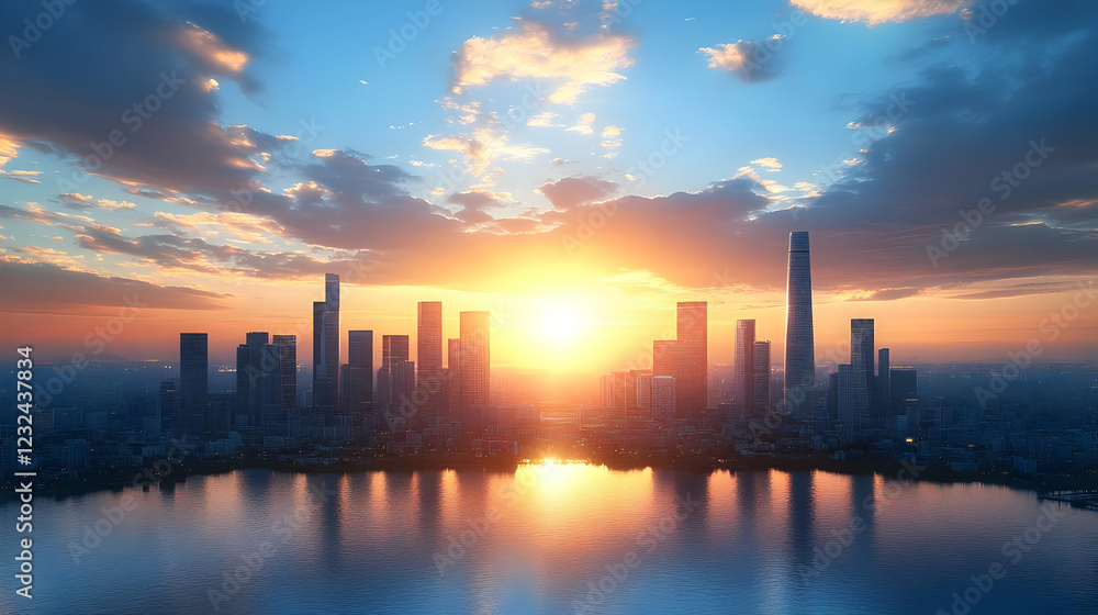 Cityscape Reflects in Water at Sunrise with Vibrant Colors Perfectly and Beautifully Cityscape Reflects in Water at Sunrise with Vibrant Colors Perfectly and Beautifully