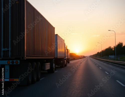 Vista trasera de camión que transporta contenedores en la ruta durante una suave puesta de sol
 photo