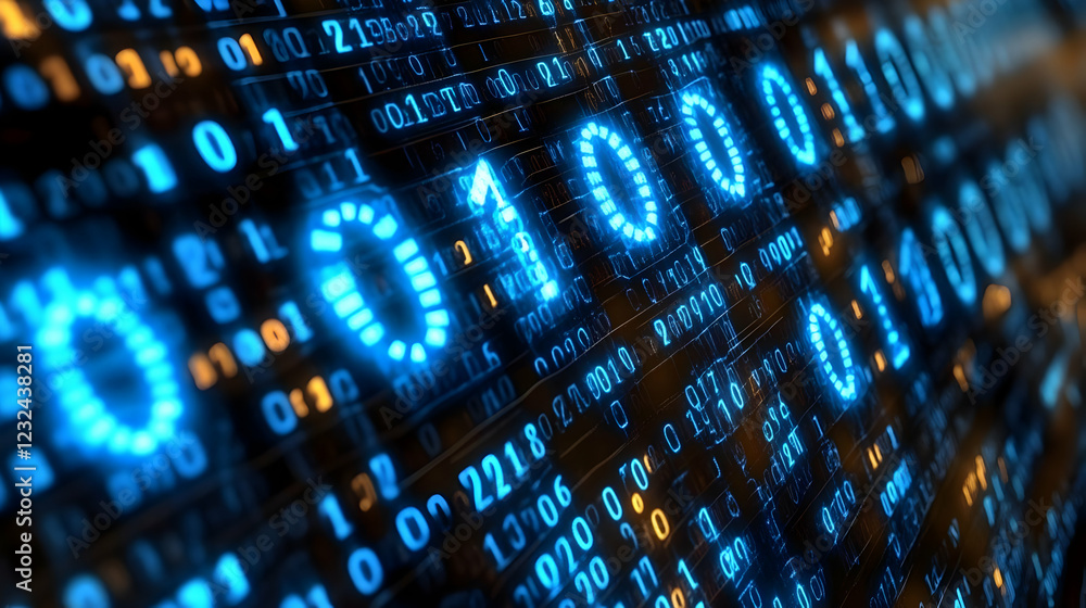 Binary Code Streams Across a Dark Digital Display, Illuminated in Bright Blue, Representing Data Flow. Binary Code Streams Across a Dark Digital Display, Illuminated in Bright Blue, Representing Data Flow.