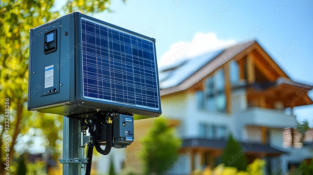Solar Panel Powers a Home's Electrical System Efficiently and Sustainably on a Sunny Day Solar Panel Powers a Home's Electrical System Efficiently and Sustainably on a Sunny Day