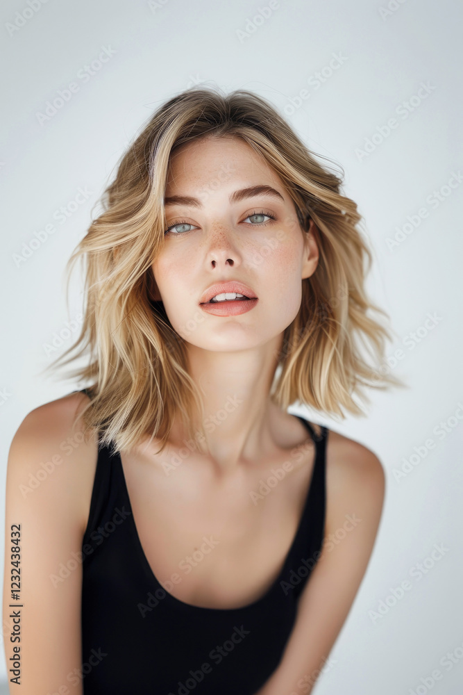 A beautiful young woman with medium-length blonde hair and natural makeup poses in a minimalist studio with soft lighting, emphasizing elegance and confidence. A beautiful young woman with medium-length blonde hair and natural makeup poses in a minimalist studio with soft lighting, emphasizing elegance and confidence.