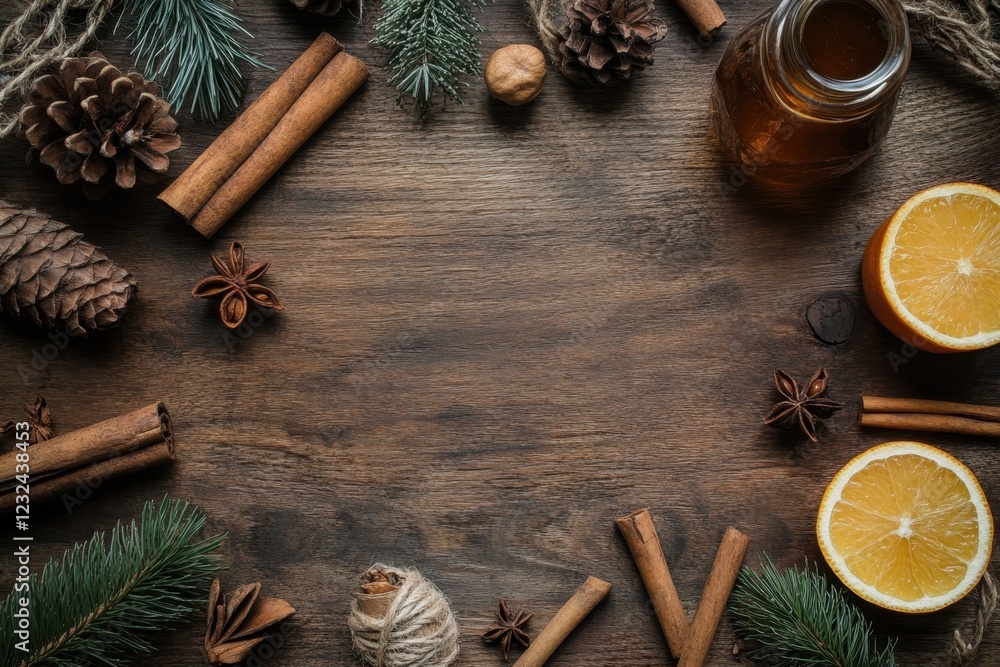 Warm spices and citrus displayed on a rustic wooden surface for festive decoration Warm spices and citrus displayed on a rustic wooden surface for festive decoration