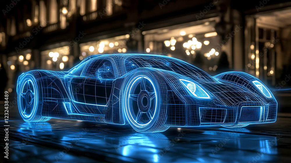 3D Wireframe Sports Car Glows Blue in City at Night with Blurred Background 3D Wireframe Sports Car Glows Blue in City at Night with Blurred Background